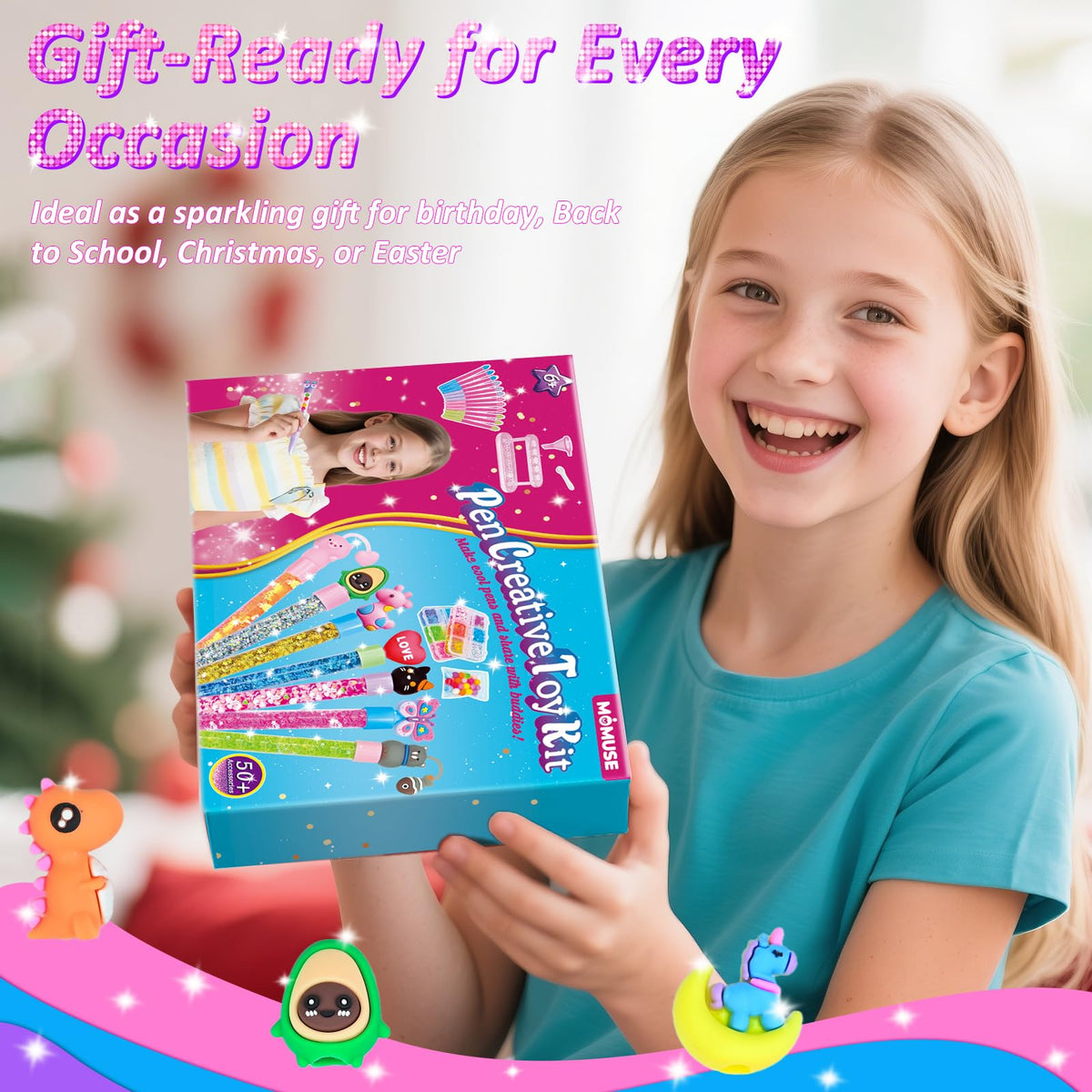 MOMUSE 50 Accessories DIY Pen Making Kit, Fun Pen Creator Studio – Making 12 Sparkly Pens with Sequins Beads, Creative Art Craft Kits Birthday Back School Gift for Kids Tweens Girls 6 7 8 9 10 Years