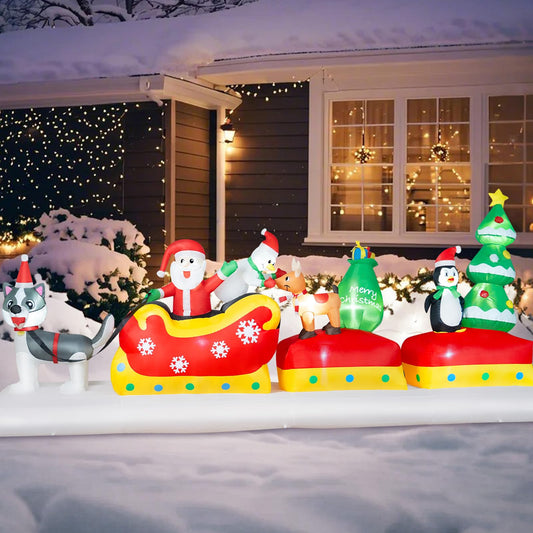 B&D 12FT Long Christmas Inflatables Outdoor Decorations, Inflatable Santa Claus on Dog Sled with Snowman, Penguin, Reindeer Blow up Christmas Decorations Built-in LEDs for Xmas Garden Yard Lawn Roof