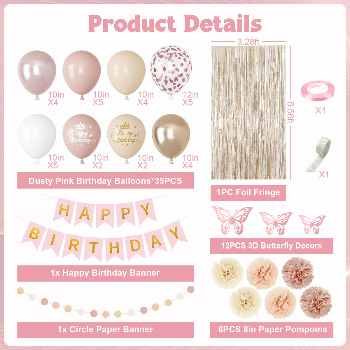 Boho Dusty Pink Birthday Decorations for Women Girls, Blush Beige Gold Metallic Printed Balloons Butterfly Stickers Fringe Curtain Happy Birthday Banner Circle Dots Garland Paper Pompom Party Supplies