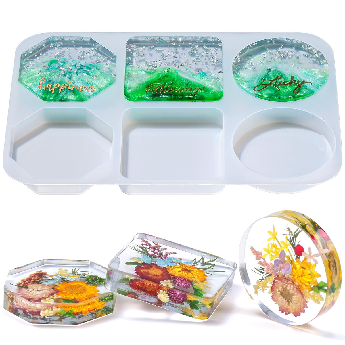 LET'S RESIN Extra Deep Coaster Resin Molds, 6 Cavity Round/Square/Octagon Shape Silicone Molds for Epoxy Resin, Flower Preservation, DIY Art Craft Cup Mats