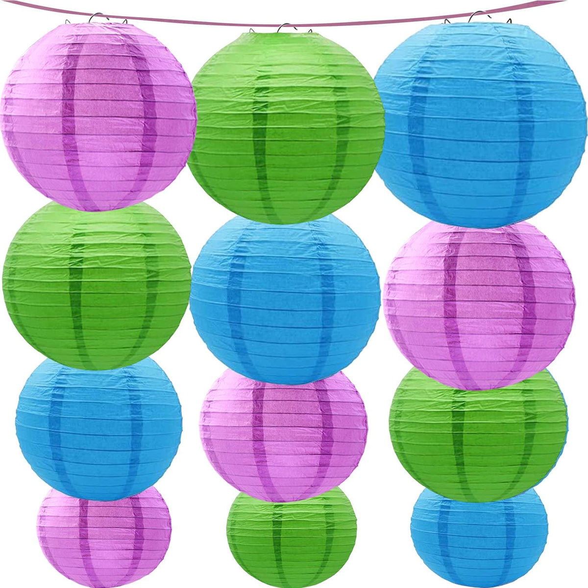 KUNYYI Purple -Green and Blue Paper Lanterns 12Pcs Hanging Lanterns for Birthday Party, Wedding, Home Decor, Baby Shower Festive Decoration