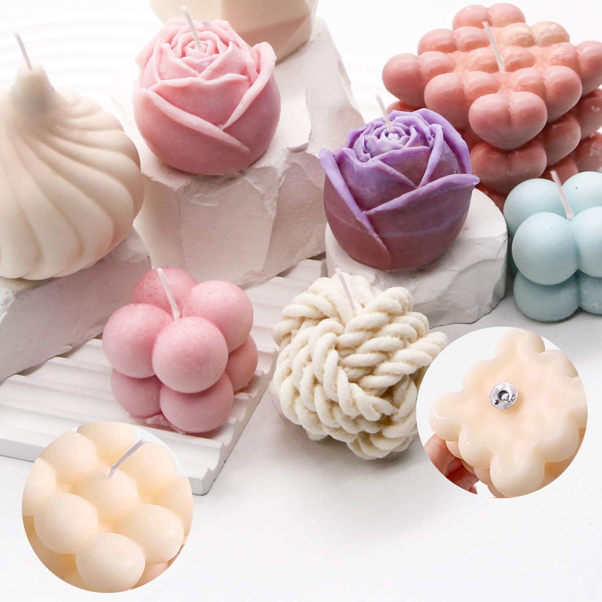 EuTengHao Silicone Candle Molds Set for Candle Making with Candle Wicks, 3D Silicone Mold for Soy Wax, Soap, Cake, Dessert DIY Scented Candle Craft Making