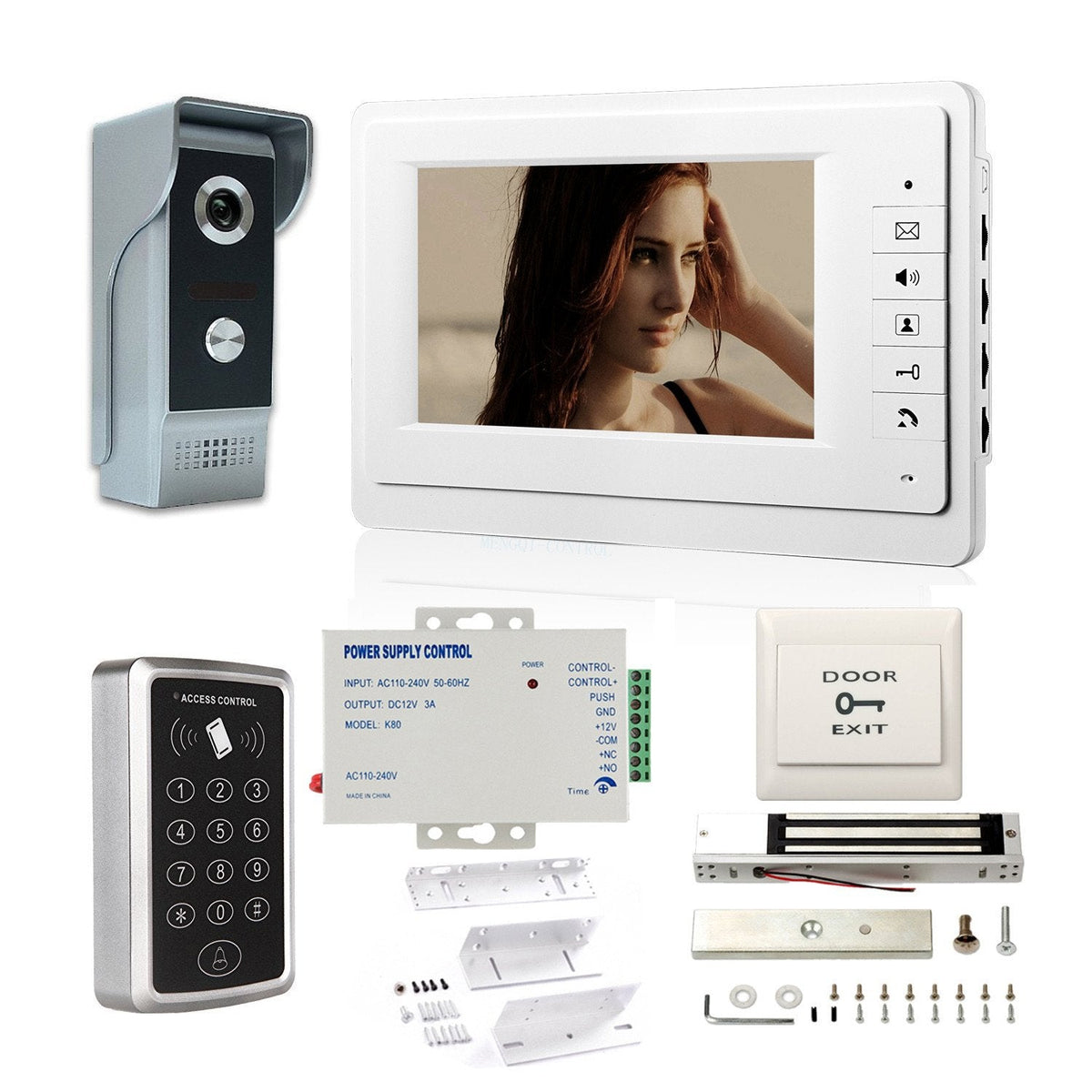 MENGQI-CONTROL 7'' LCD Video Door Phone Intercom Systems Via Password Open Door 600lbs Electronmagnetic Lock Access Control & Power Unit & ZL Bracket Full Kits
