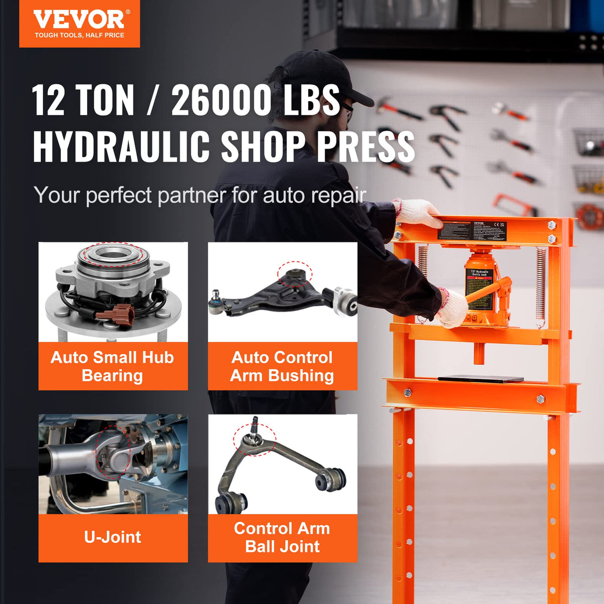 VEVOR Hydraulic Shop Press, 12 Ton/26000lbs, H-Frame, 4-Hold Adjustable Height, with Movable Plates, for Garage or Professional Users, Orange