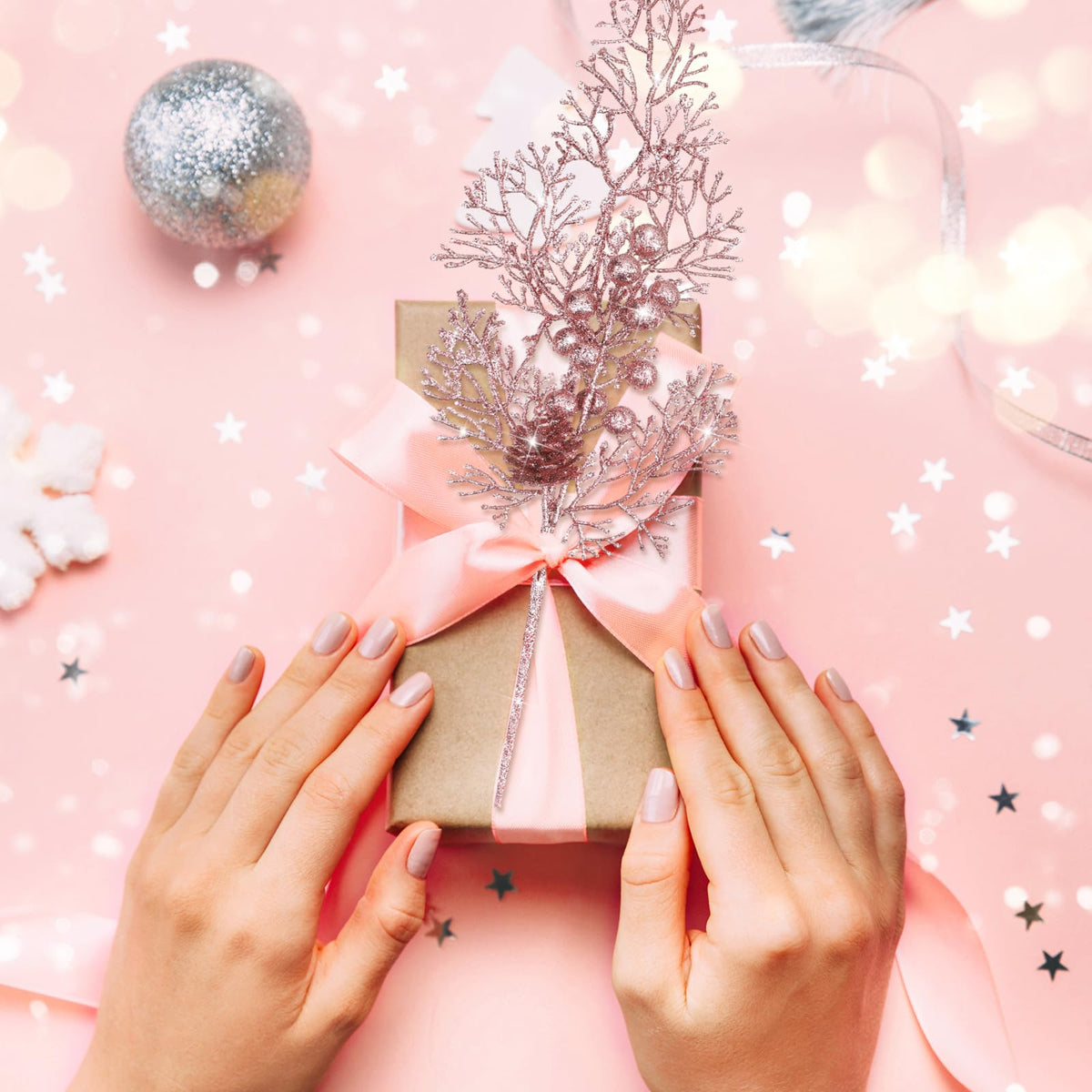 Tigeen 12 Pcs Christmas Tree Picks Bulk Artificial Christmas Tree Filler Glitter Berries Stems Branches Floral Decorations 15.75'' Xmas Sprays Twigs Berry Picks for Vase (Rose Gold)