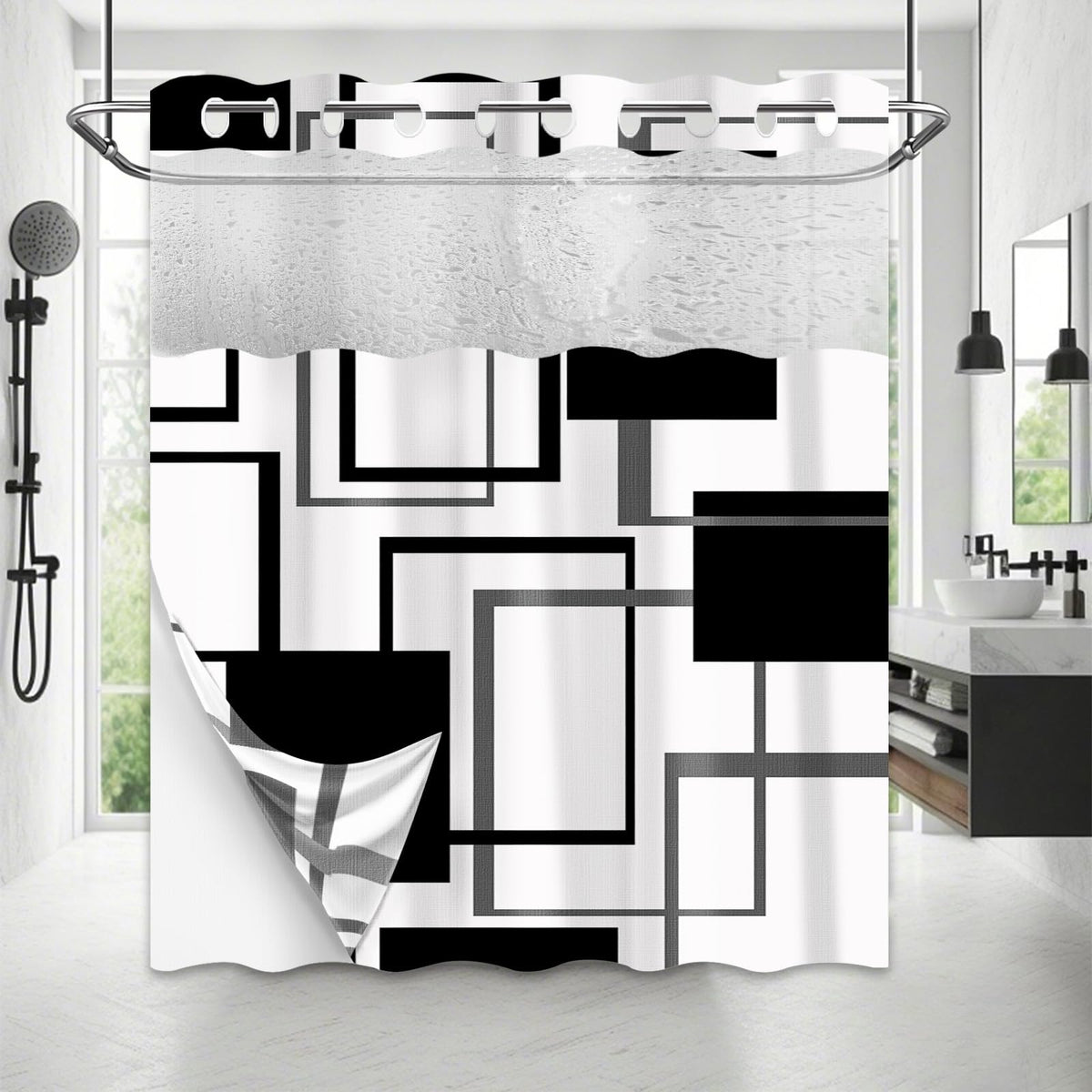 Yieldeer Black and White Geometric Hookless Shower Curtain 71"x74"