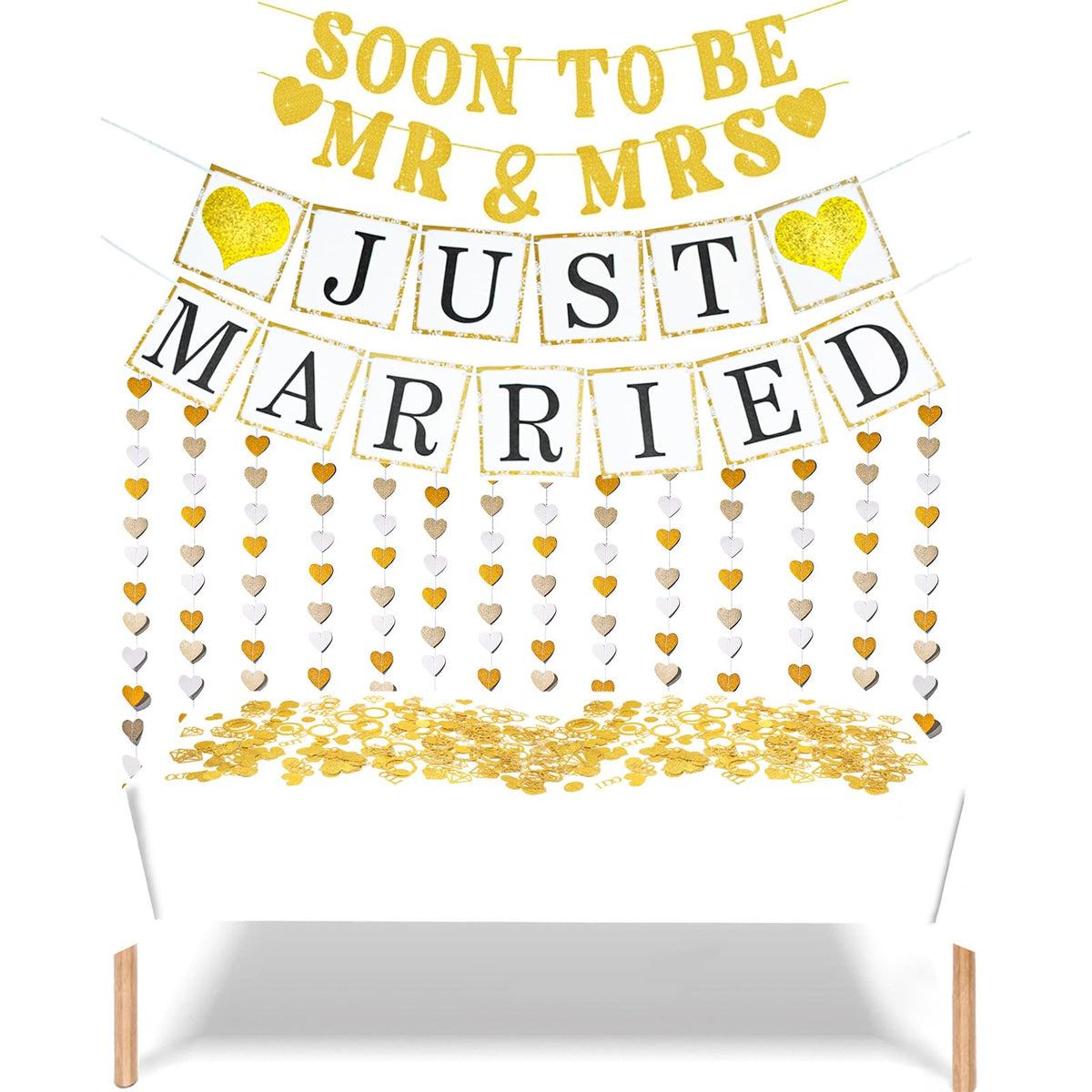 Wedding Banner Just Married Party Decorations Heart Streamers Garland Glitter Paper Diamond Ring Confetti for Bridal Shower Decor Home Party Engagement Party Bride'S Room Photp Prop Decorations