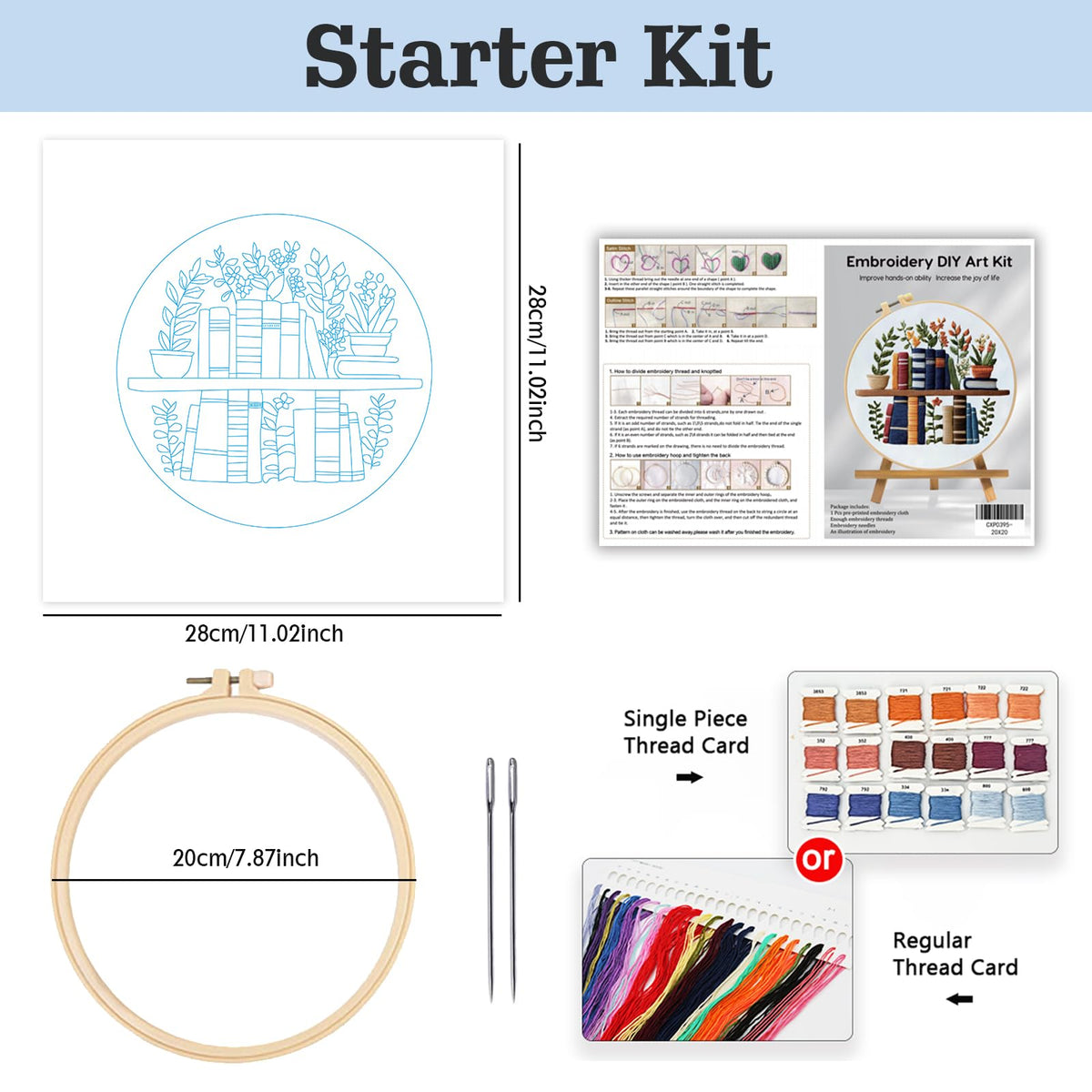 JOZYSH Beginners Stamped Books and Flowers Pattern Embroidery Kit Cross Stitch Kit Embroidery Starter Kit with Instructions, Embroidery Hoops for Home Ofiice Decor