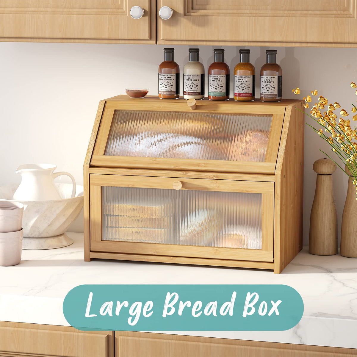 Vriccc Bread Box for Kitchen Counter, Large Bamboo Wood Double Layer Bread Box, Wooden Bread Storage Capacity