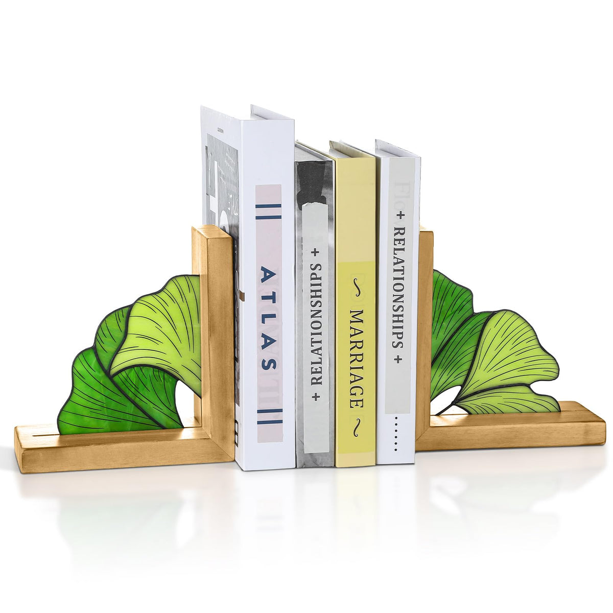 Maitys Ginkgo Leaf Bookends with Oak Wood Base Stained Glass Novelty Bookends Organizer Cute Book Ends for Shelves Desks Libraries Book Lover Gift (Green)