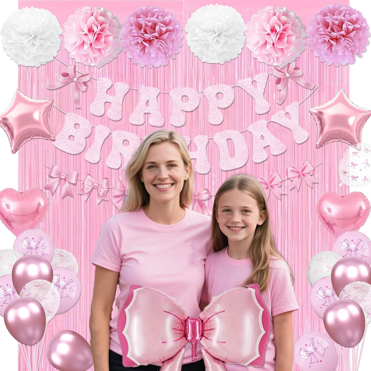 Pink Bow Birthday Party Decorations, Bow Theme Happy Birthday Banner Fringe Curtain Tissue Pom poms Garland Balloons for Women Girls Bday Party Supplies (Macaron Pink)