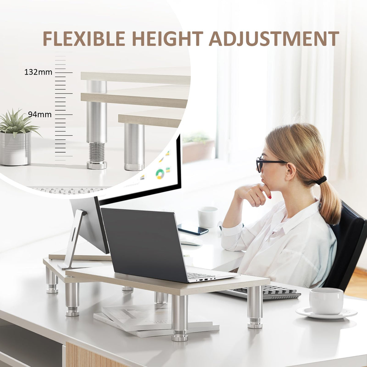 AX Waber Dual Monitor Riser - Adjustable Length & Angle, Wooden Stand for 2 Monitors with Storage