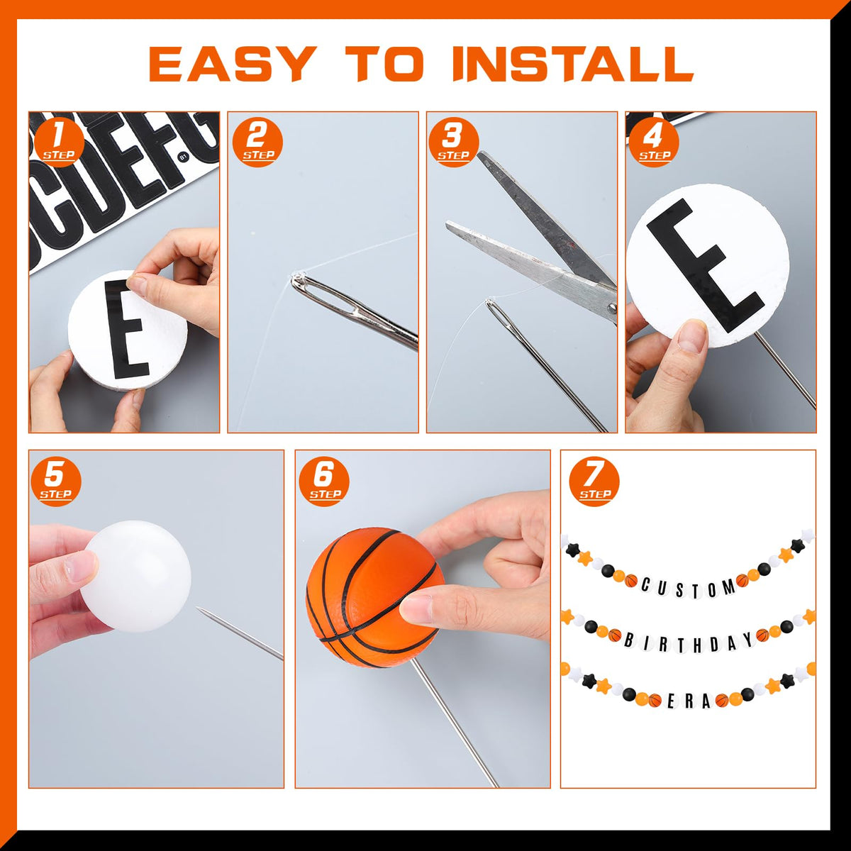 Simgoing 98 Pcs Basketball Birthday Banner Jumbo DIY Friendship Bracelet Birthday Banner Kit Customizable Party Giant Garland Decoration for Basketball Sports Theme Party Decorations