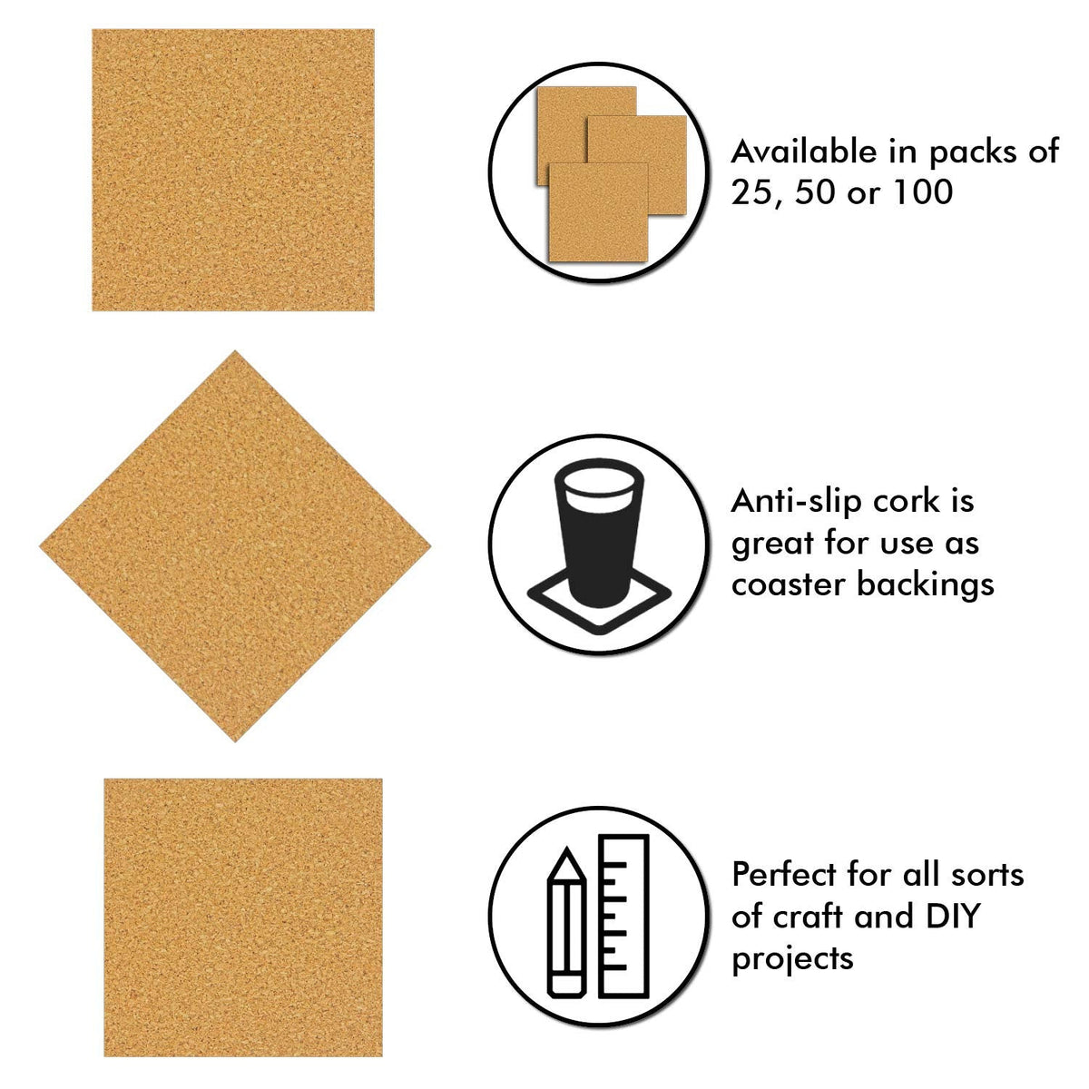 50 Pack Self-Adhesive Cork Squares 4 x 4 Inches Cork Tiles Backing Sheets for Coasters and DIY Crafts