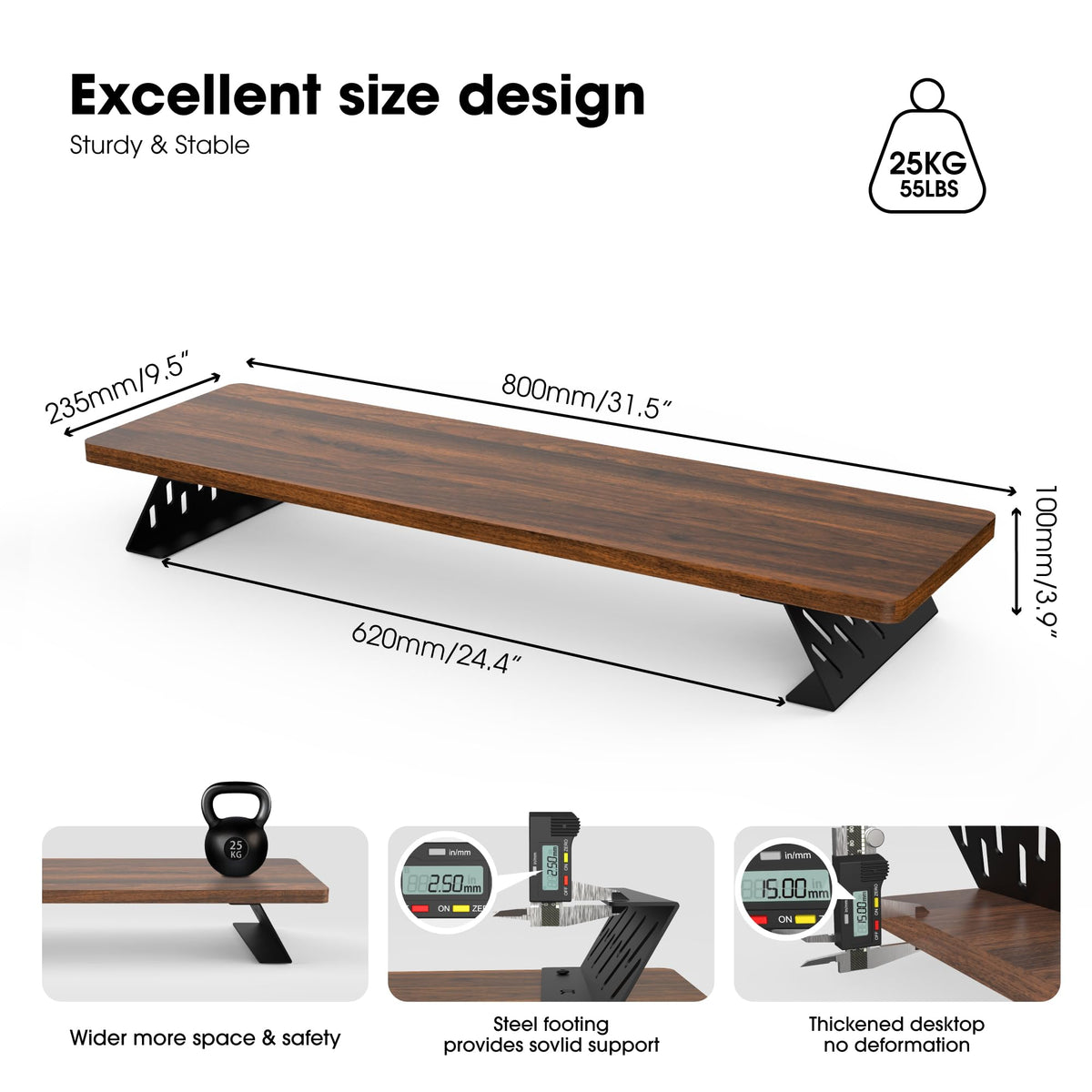 Fenge Monitor Stand Riser, 31.5 Inch Desk Top Shelf for 2 Monitors, Computer Stands for Desk, Wood & Steel Desktop Riser for Laptop, PC, Printer