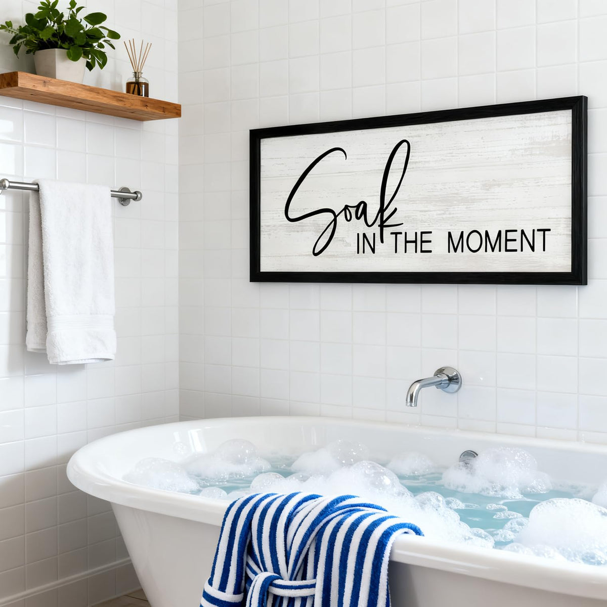 Soak in the Moment Wooden Sign Framed Wall Art, 32''×12'' Rustic Horizontal Motivational Bathroom Quote Wood Plaque above the Bathtub, Farmhouse Long Inspirational Shower Room Saying Wood Sign Wall Decor