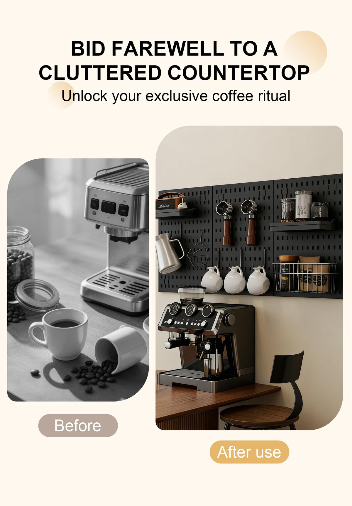 Txjyuyy Coffee Pegboard Wall Storage Set – Wall-Mounted Coffee Mug Holder with Hooks, Cup Racks & Baskets– Home & Office Coffee Stations （Black）