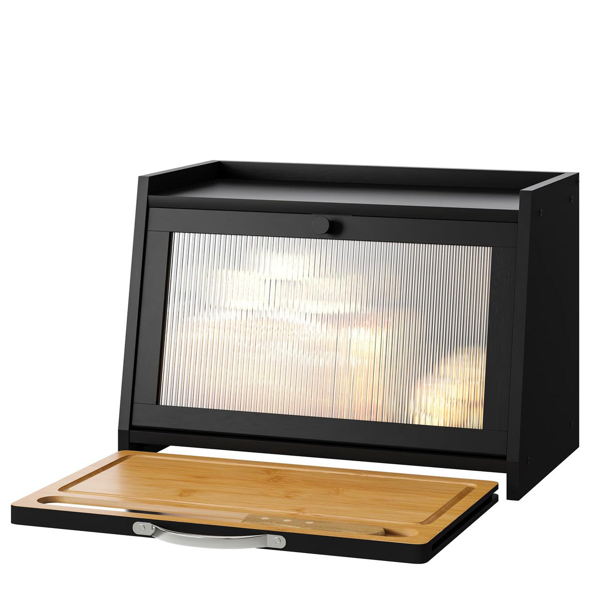 kiplant Bread Box with Cutting Board, Bamboo Bread Box for Kitchen Counter, Bread Storage Container with Wavy Arcylic Transparent Door (Black)