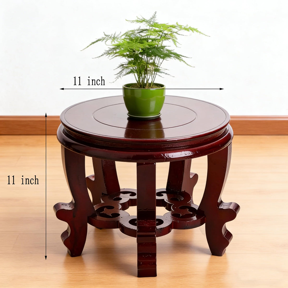 Karida 11 Inch Wooden Oriental Plant Stand, Chinese Style Round Wood Display Base for Vase, Pot, Fishbowl, Fish Tank - Indoor Outdoor Home Decoration