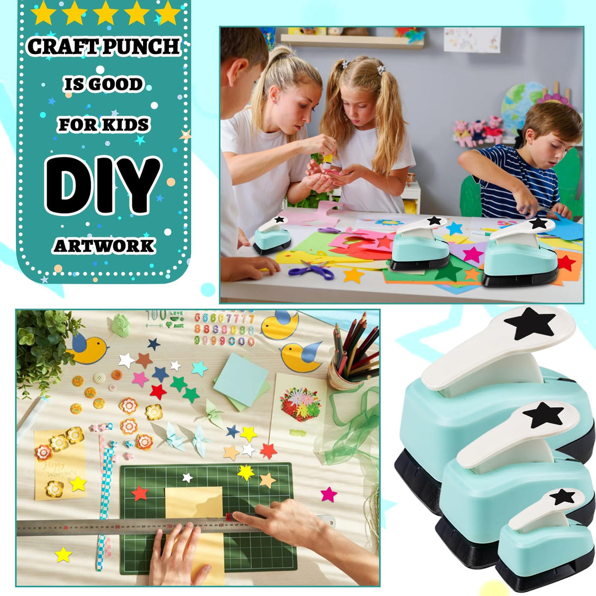 Star Punch Paper Craft Tool, 3Pcs Different Size Star Shaped Hole Puncher for Scrapbook Supplies, Card Making, DIY Crafts, Estrella Paper Cutter & Punch Set for Papel Crafts