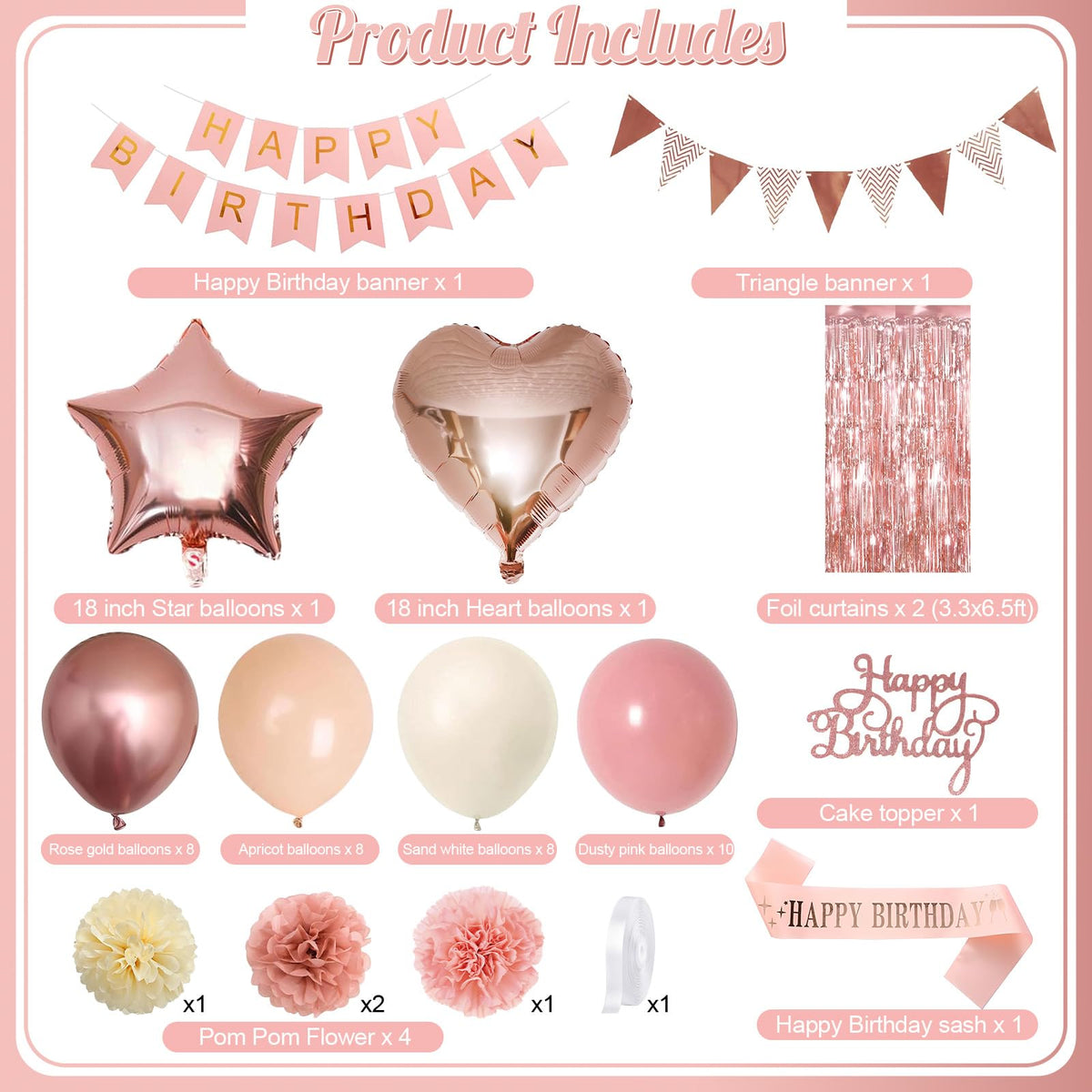 Blush Pink Birthday Decorations, Rose Gold Nude Party Décor with Foil & Latex Balloons Sash Fringe Curtains Happy Birthday Banner Cake Topper Paper Pompoms Party Decor for Women Girl