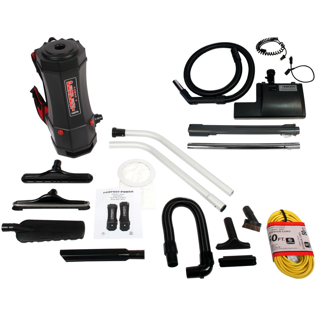 Cen-Tec Systems 99120 HEPA Commercial Backpack Vacuum with Electric Power Nozzle Attachment Set, 6 Qt, Black