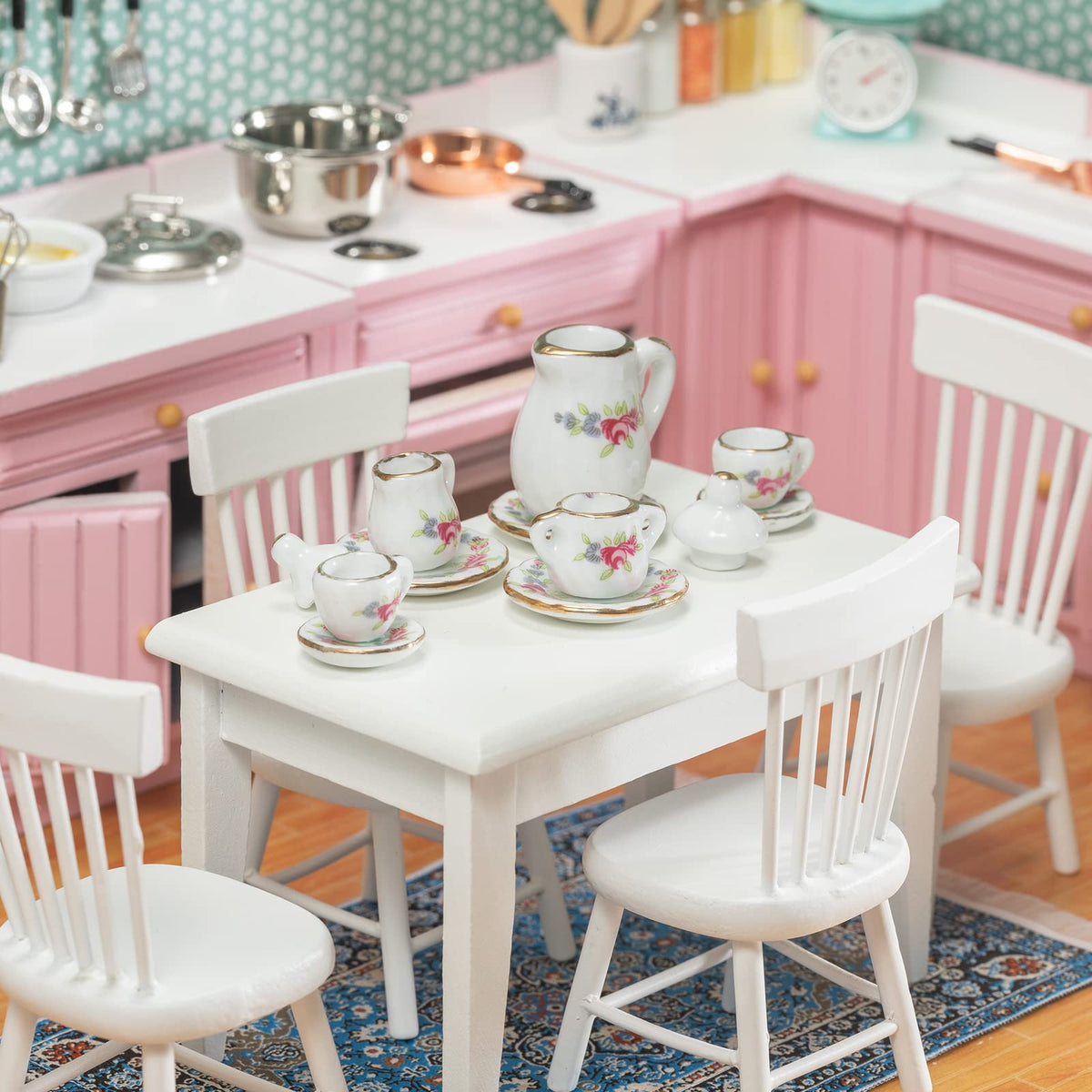 SAMCAMI Miniature Dollhouse Furniture 1 12 Scale - Doll House Furniture Toys for Dollhouse Kitchen - Wooden Dollhouse Furniture Set Incl Dining Table with Chairs, Tea Set, Carpet (White)