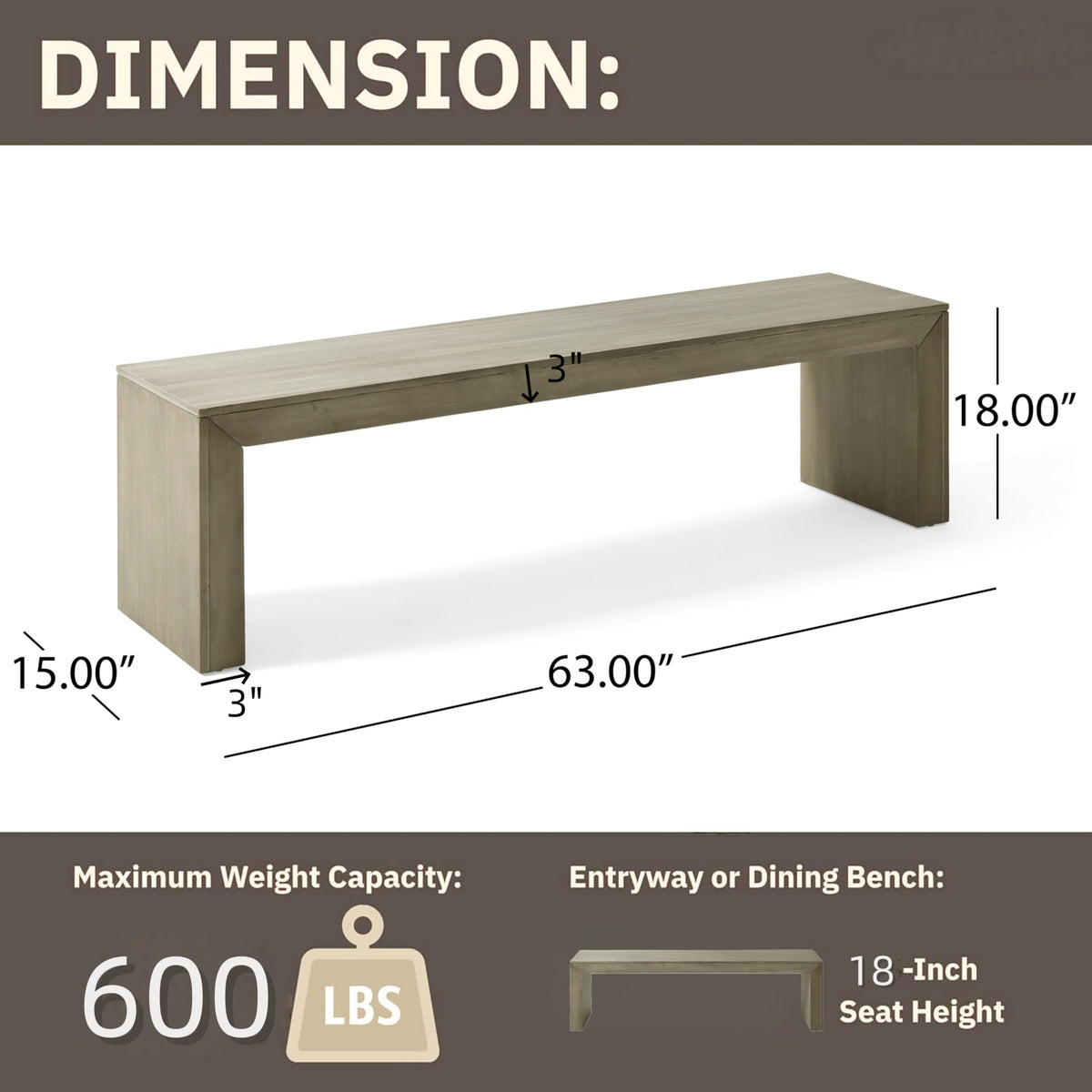 Merax 63 Inch Wood Dining Bench, Solid Acacia Wood Entryway Bench, Wooden Farmhouse Bench for Dinner Table, Kitchen, Bedroom, Living Room, Plants, Easy Assembly, Grey+Taupe