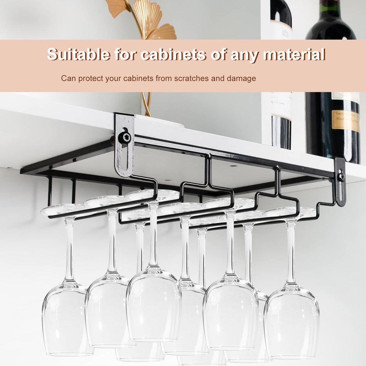 AUHOKY 2Pcs Adjustable Wine Glass Rack Under Cabinet, Punch-Free 3 Rows Stemware Metal Holder, Hanging Glass Storage Hanger Organizer for Shelf Kitchen Bar Decor (3 Rows, Black)
