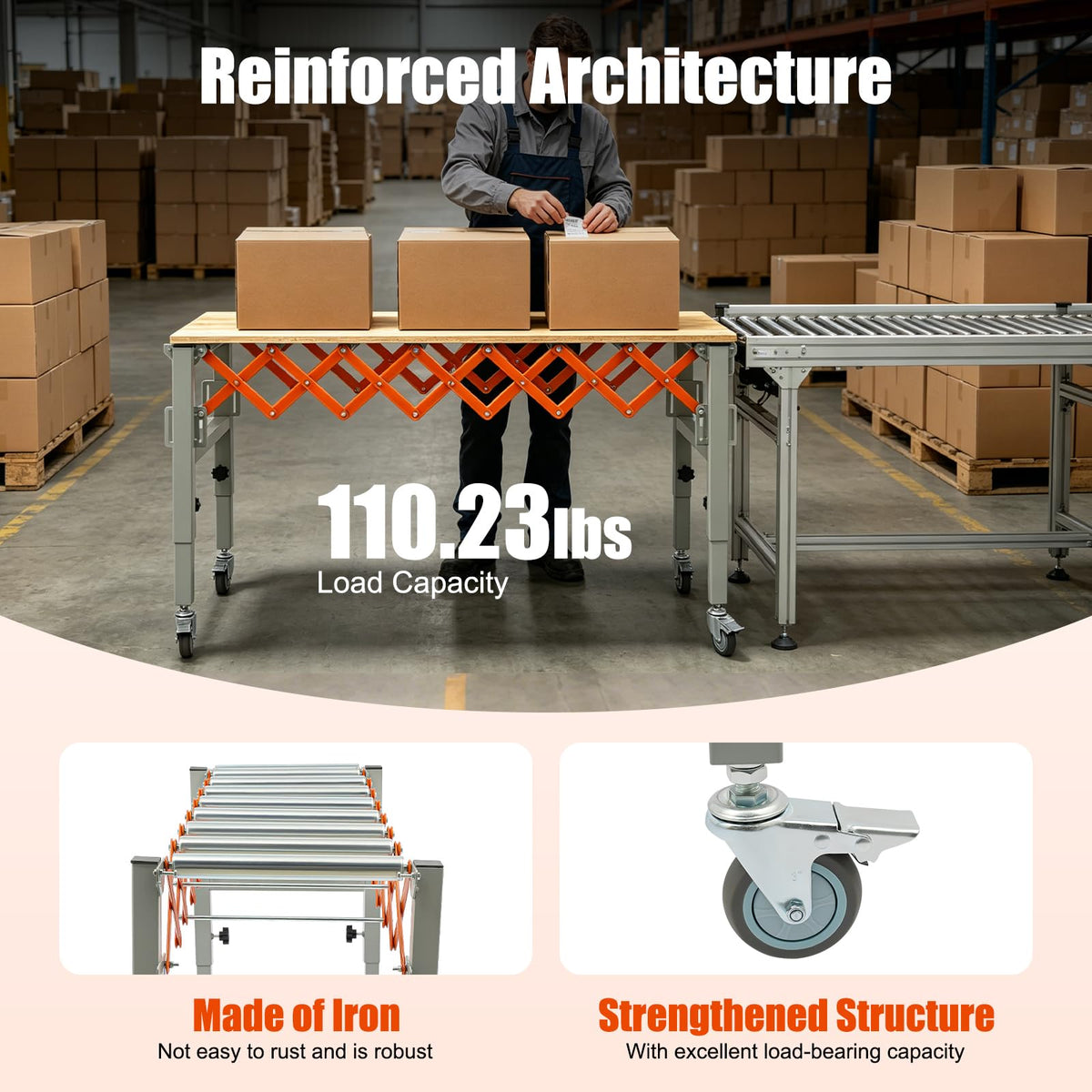 Conveyor Roller Table Adjustable Conveyor Roller Stands with Universal Wheels for Transporting Construction Materials Wood Goods, 110lbs Loading, Adjustable Length and Height