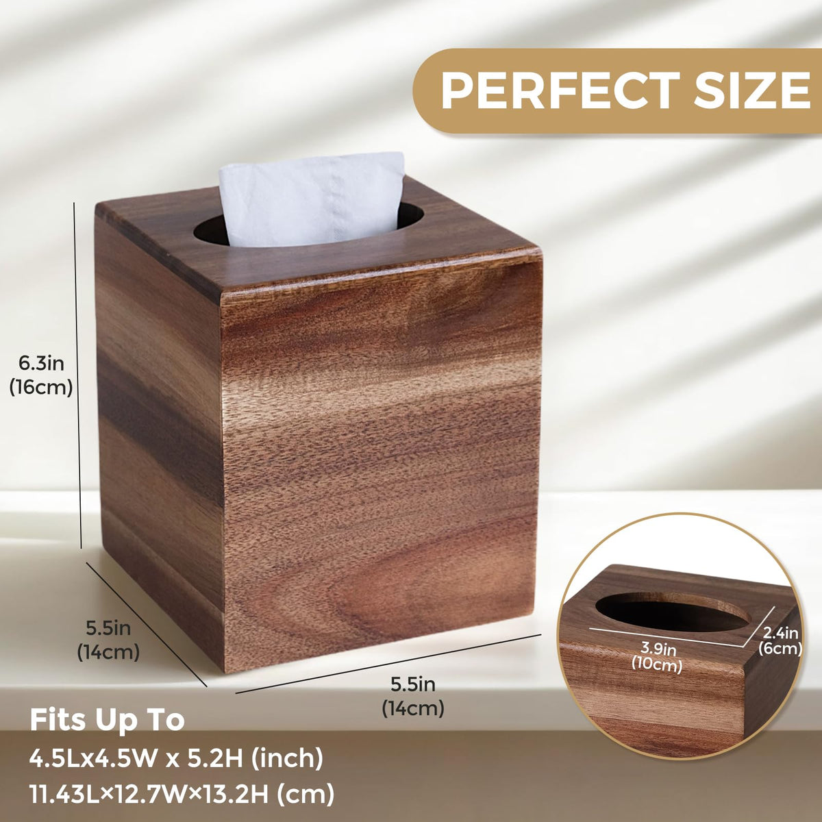 KALEKAIL Acacia Wood Tissue Box Cover，Tissue Box Cover Square, Decorative Cube Facial Wooden Tissue Box Holder with Slide-Out Bottom for Bathroom, Bedroom, Dinner Table, Office, Kitchen
