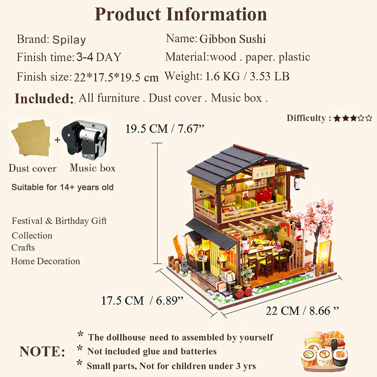 Spilay DIY Dollhouse Miniature with Wooden Furniture,Handmade Japanese Style Home Craft Model Mini Kit with Dust Cover & Music Box,1:24 3D Creative Doll House Toy for Adult Teenager Gift