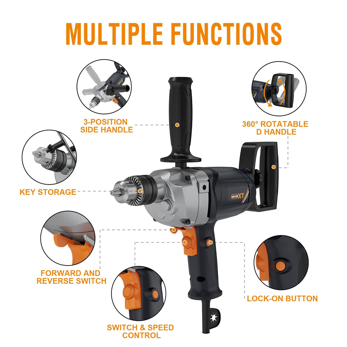 MAXXT Drill Mixer Set with Spade Handle 1/2 inch Electric Corded Mixing Drill Machine 9A Motor Concrete Mud Mixer