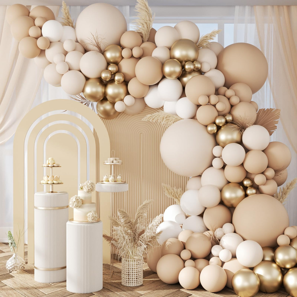 147pcs Neutral Balloon Arch Kit, Neutral Balloon Garland with Nude Sand White Metallic Gold Balloons for Wedding Birthday Baby Shower Decorations