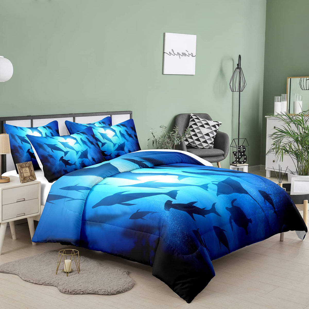 NINENINE Boys Blue Comforter Set Twin Size for Kids Teens,Shark Bedding Fish Ocean Dolphins Bed Sets with 1 Comforter 1 Pillowcase……