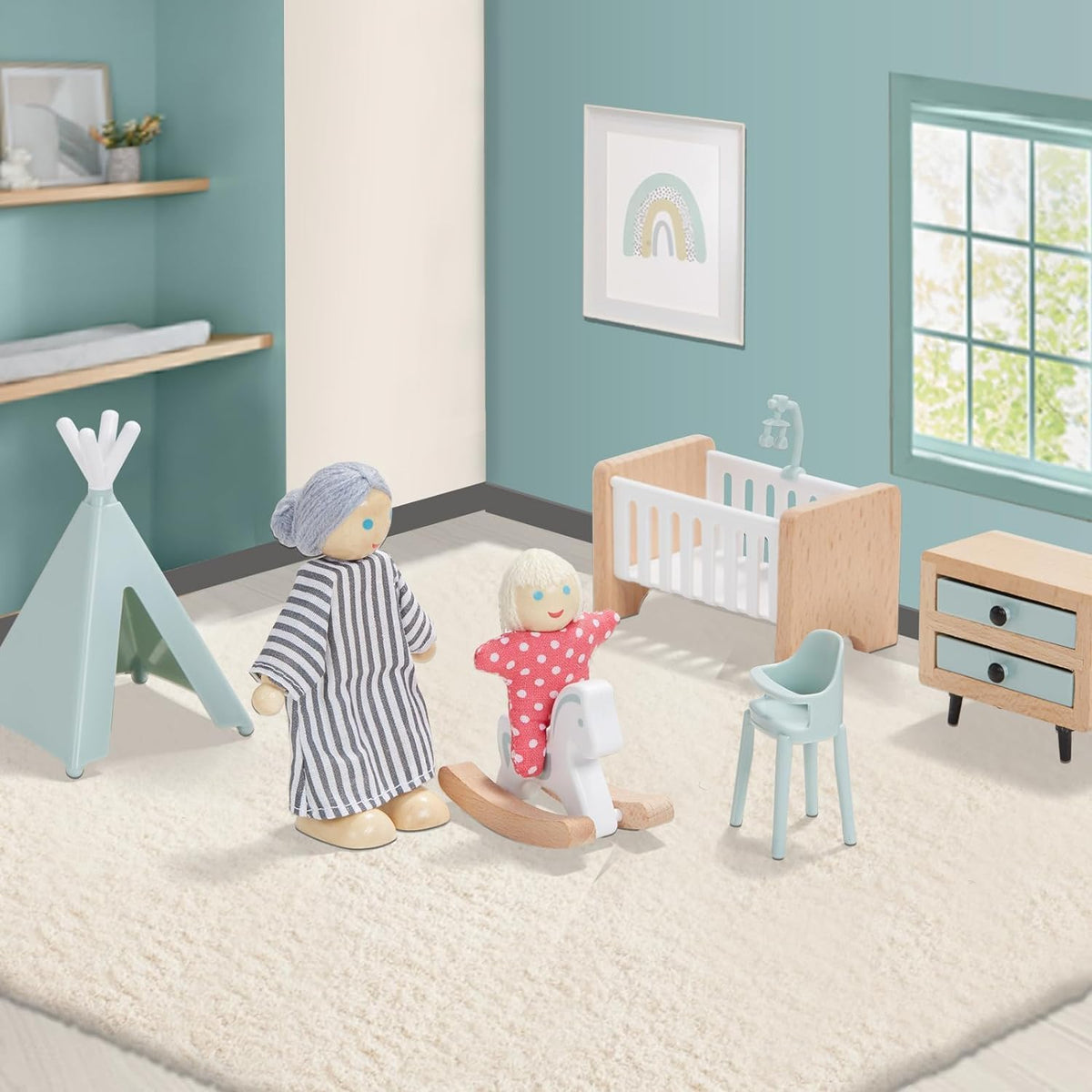 Giant bean 36pcs Wooden Dollhouse Furniture Set 5 Rooms 4 Family Dolls, Wood and Plastic Blue Dollhouse Accessories, Pretend Play Furniture Toys Christmas Birthday Gift for Boys Girls Kids Toddlers 3+