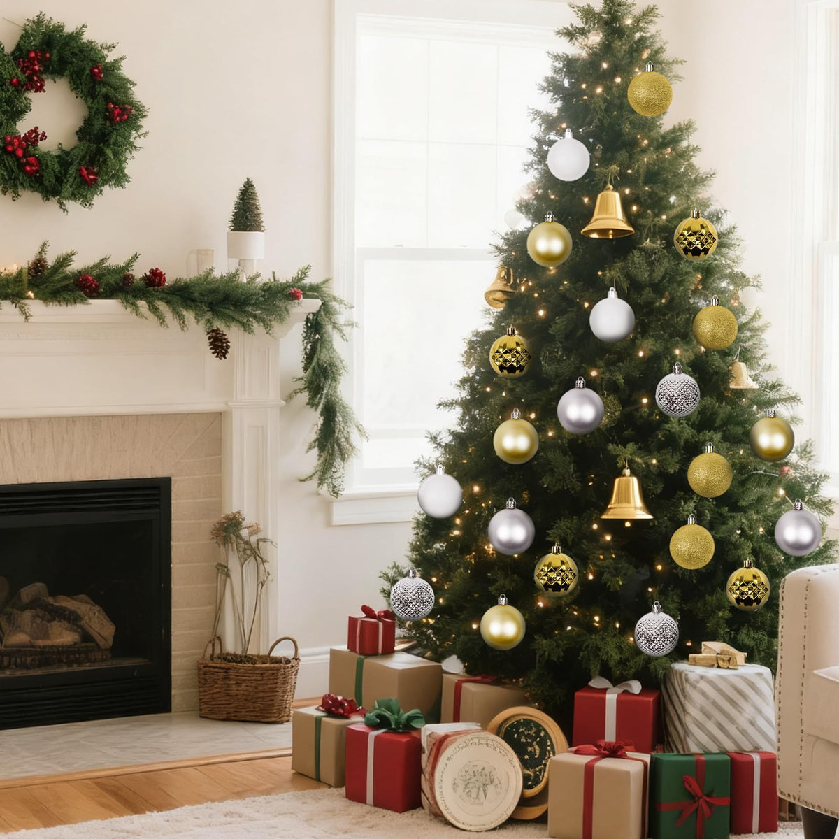 Christmas Tree Decorations Ornament Set, 60ct 2.36 Inches White Sliver and Gold Shatterproof Christmas Ball Ornaments, Hanging Ball for Xmas Holiday Wedding Party Decor