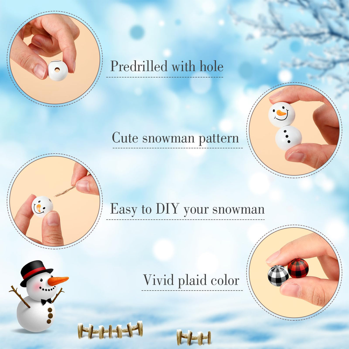 Landical 180 Piece DIY Christmas Snowman Wooden Bead Crafts Christmas DIY Ornaments Red Black Buffalo Plaid Wood Round Bead Xmas Print Wooden Beads with Twine Scarf for Crafts