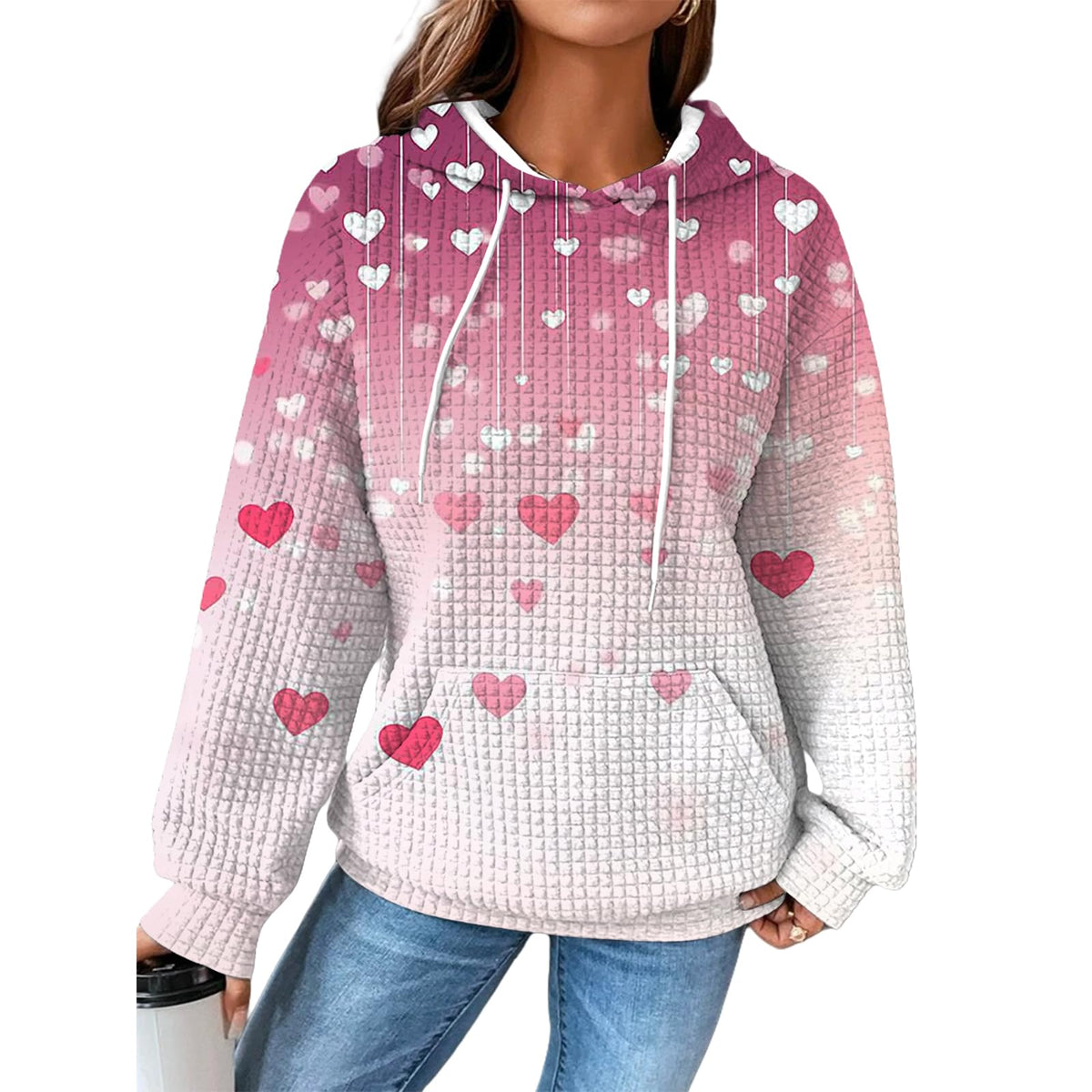 Valentines Day Outfit Women Heart Print Pullover Waffle Outdoor Warm Oversized Clothing Fashion Hooded Sweatshirt 2025 Spring Fashion Casual Elegant Dressy Cute Graphic Hoodies With Pockets,4XL