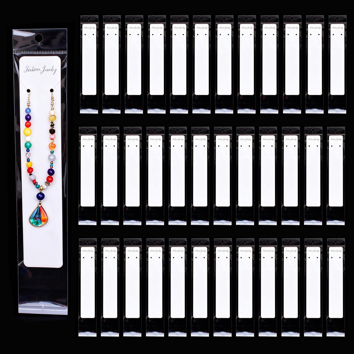 Wzttdm 100 Pcs Necklace Display Card White, 7.5x 1.6 Inch Long Jewelry Holder Cards for Selling, Bracelet Display Cards with Clear Bags for Bracelet Necklace Jewelry Packaging Supplies