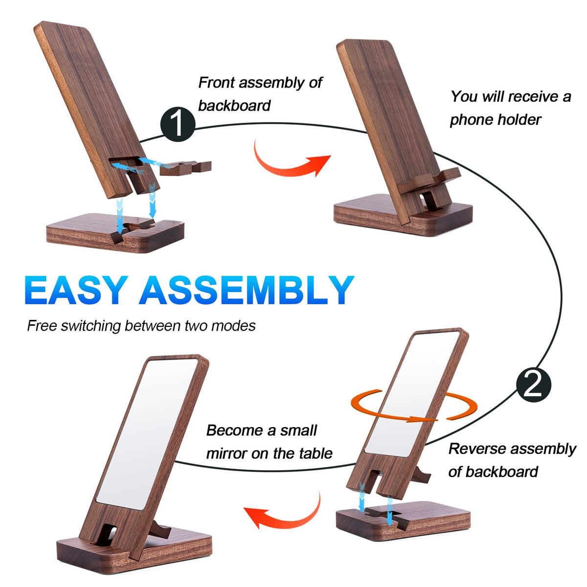 LIKSANGMETALS Wooden Countertop Cell Phone Holder with Mirror, Walnut