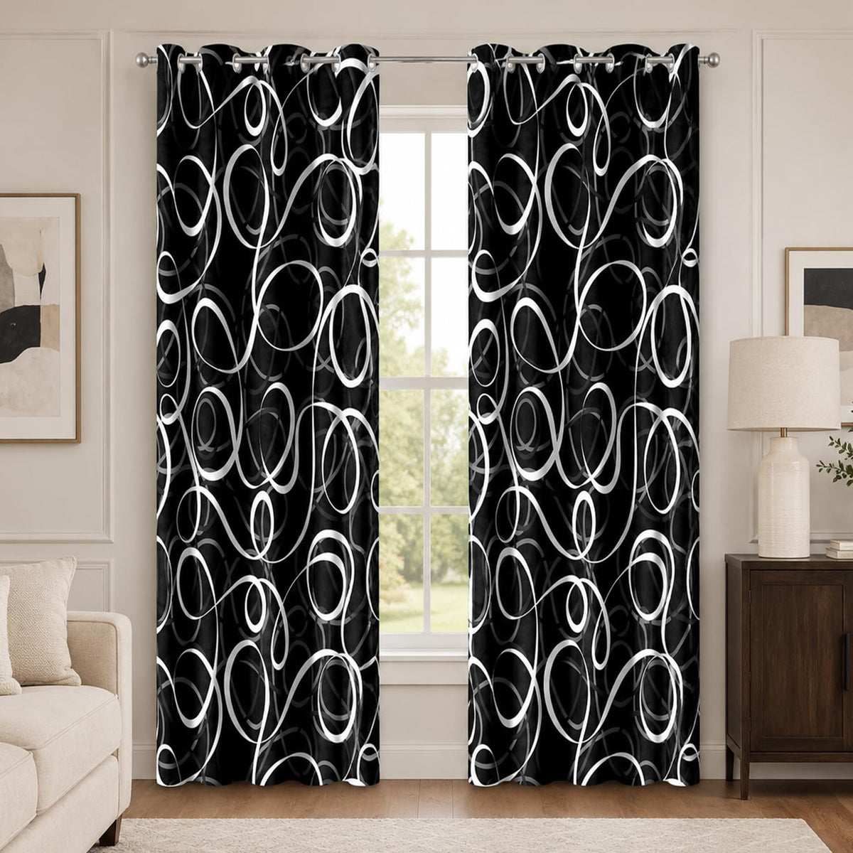 JAZEAOI Black White Geometric Blackout Curtains, Modern Abstract Grey Black Out Window Drapes for Bedroom Living Room Grommet Thermal Insulated Room Darkening Decor, 2 Panels 52x84 Inches