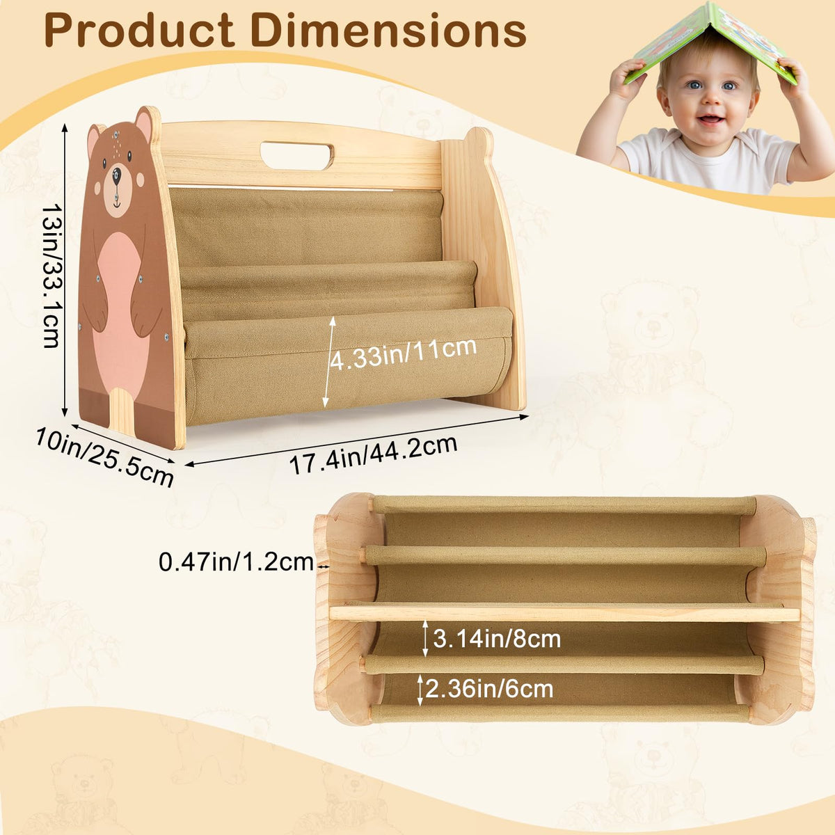 SheSeek Toddler Bookshelf Double-Sided with 4 Tier Deep Sleeves Kids Wooden Montessori Book Rack for Baby Nursery Room, Playroom, Classroom or Bedroom Bookcase Storage Organizer, Brown Bear