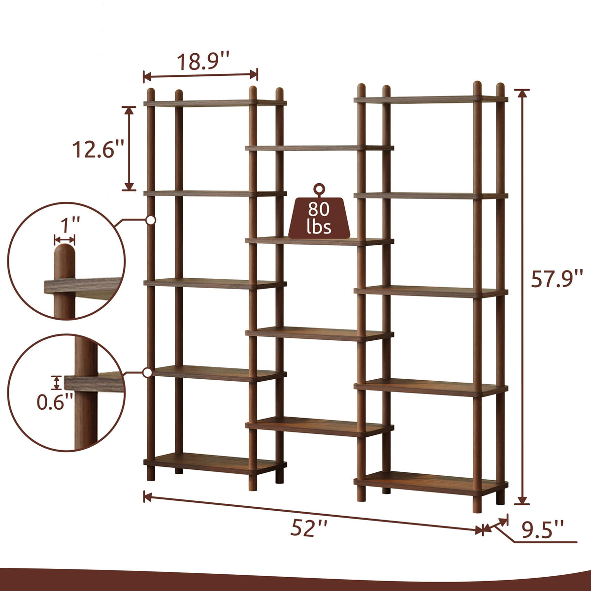 IOTXY Wooden Triple Wide Bookshelf - 5-Tier Large Shelf Bookcase with Solid Beech Frame, Tall Freestanding Open Etagere Display Rack for Home Office, Walnut