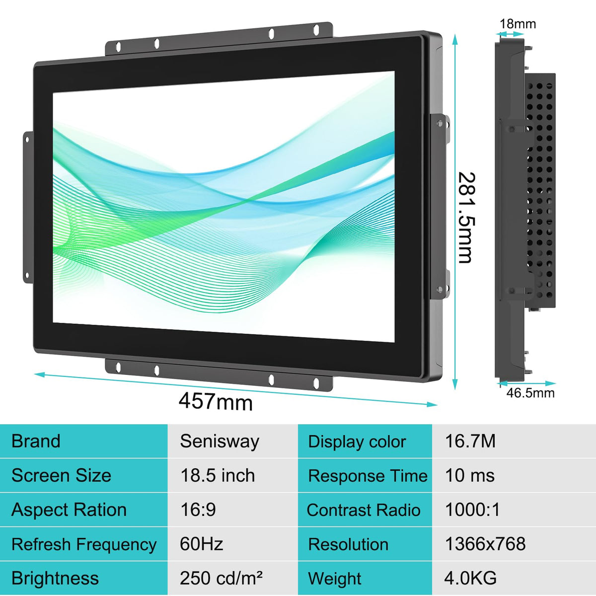 Senisway 18.5 Inch Open Frame Capacitive Touch LCD Monitor Surface is IP65 Waterproof 1366x768 @ 60Hz TFT LCD IK08 Input Industrial Touch Monitor 10 Finger Capacitive Touch
