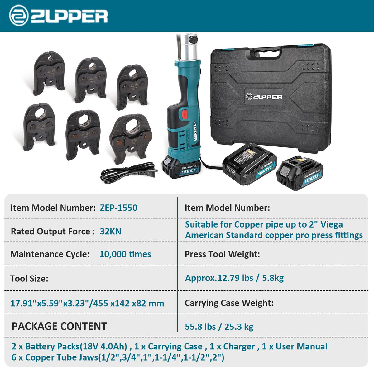 ZUPPER Press Tool,18V Electric Copper Crimper Tool with 6 Copper Press Jaws 1/2" to 2" Standard Copper Press Tool Kit Compatible with Propress Fittings,2PCS 4AH Batteries, Fast Charger & Carrying Case