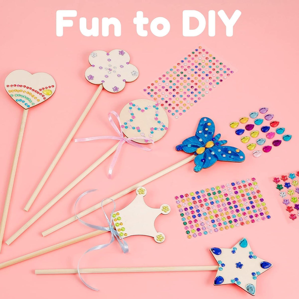 Pllieay Princess Fairy Wands Kit for Birthday Party Favors Decorations, Include 18 Pieces 6 Styles Unfinished Wooden Princess Wand and 4 Gem Stickers Princess Art Magical Show for Party Supplies