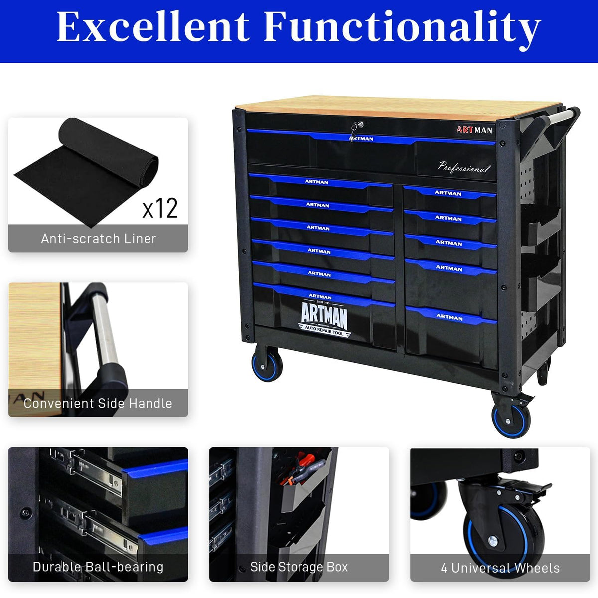 Heavy Duty Rolling Tool Chest with 12-Drawer Tool Cart Mechanic Tool Box with Wheels Tool Storage Cabinet Mobile Workbench Tool Bench for Garage, Workshop, Warehouse, Repair Shop, Wood Top