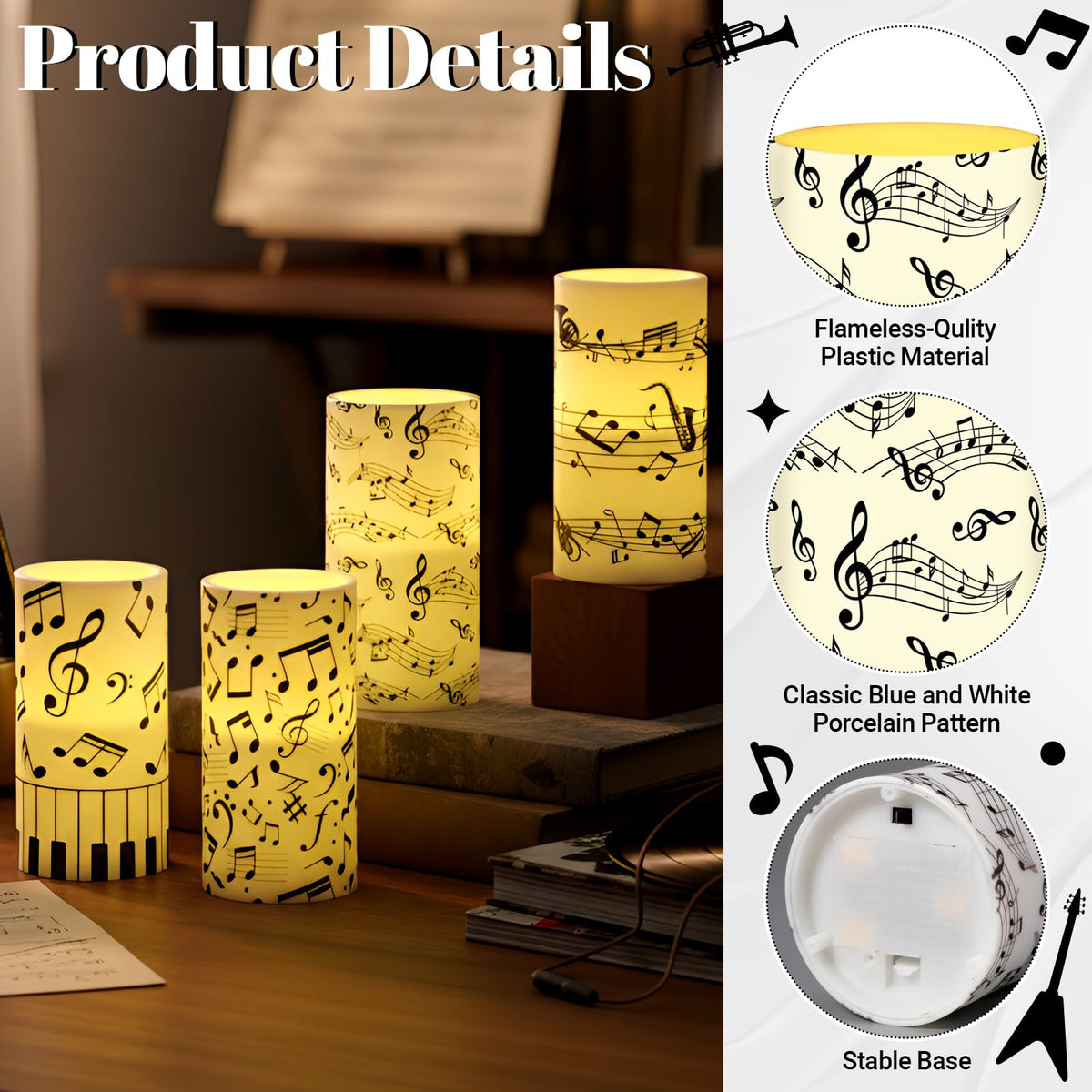 Tiamon 4 Pcs Music Notes and Clef Candles LED Musical Themed Flameless Candles Set Battery Operated with Remote Control LED Pillar Decorations for Party Wedding Birthday Decor