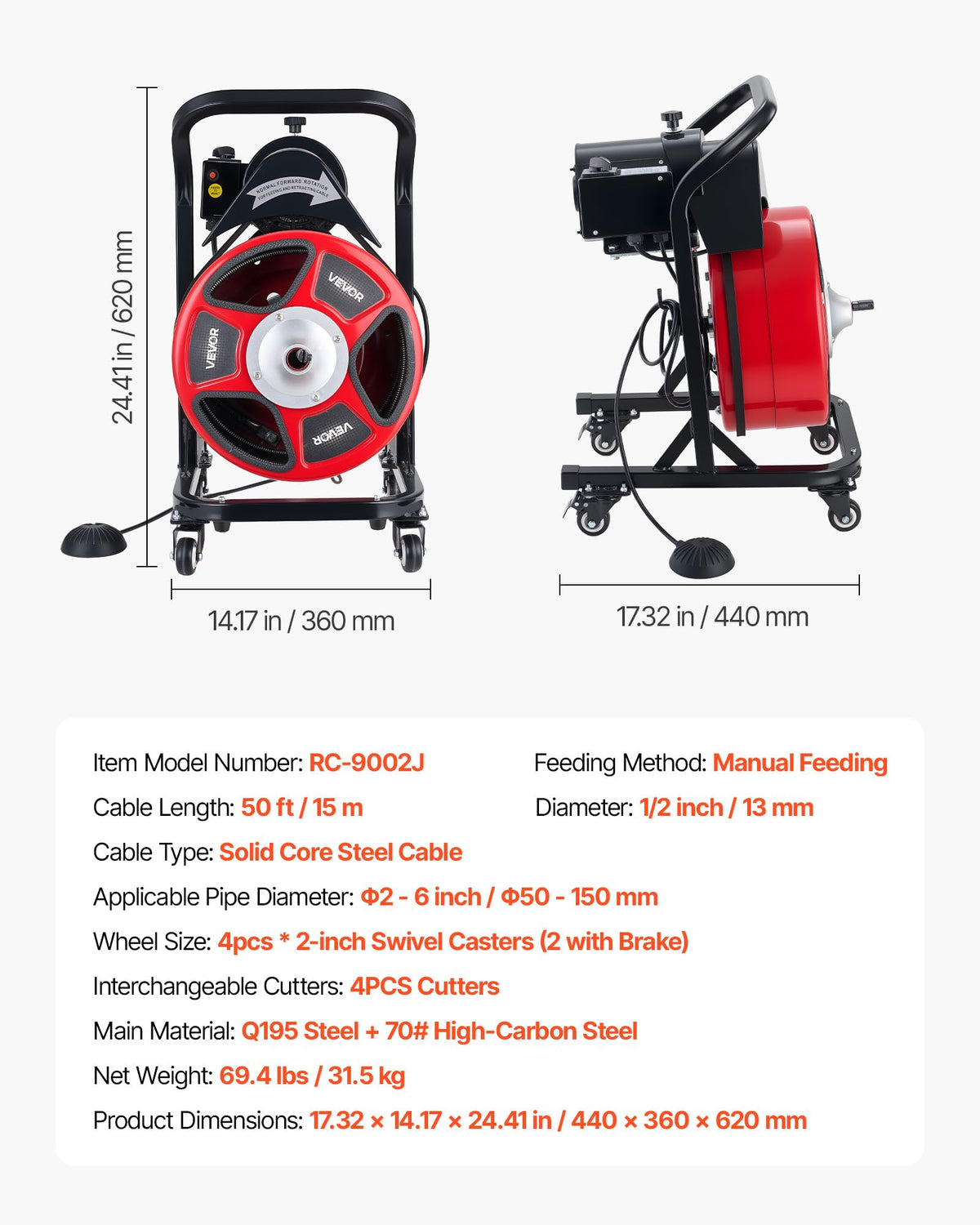 VEVOR Drain Cleaner Machine 50 FT x 1/2 Inch, Manual Feed Sewer Snake Auger on Wheels - with 4 Cutters & Air-activated Foot Switch for 2" to 6" Pipes